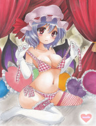 Rule 34 | 1girl, bat wings, blue hair, blush, bra, breasts, fishnet thighhighs, fishnets, frilled pillow, frills, gloves, hat, heart, heart-shaped pillow, looking at viewer, maccha xxxxxx, marker (medium), navel, panties, pillow, plaid, plaid bra, plaid panties, red eyes, remilia scarlet, short hair, sitting, solo, thighhighs, touhou, traditional media, underwear, underwear only, wariza, white gloves, white thighhighs, wings