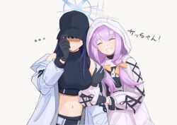 Rule 34 | 2girls, ^ ^, absurdres, arm hug, atsuko (blue archive), bare shoulders, baseball cap, black gloves, black headwear, black shirt, blue archive, blue hair, blush, bow, breasts, closed eyes, coat, commentary request, crop top, facing viewer, gloves, grey background, grin, hair bow, hat, highres, hood, hooded jacket, jacket, kinnikugaihan, large breasts, long hair, long sleeves, midriff, multiple girls, navel, off shoulder, open clothes, open coat, orange bow, purple hair, saori (blue archive), shirt, simple background, sleeveless, sleeveless shirt, smile, stomach, upper body, white coat, white jacket, yuri