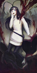 Rule 34 | 1boy, androgynous, black hair, black pantyhose, bleach, blood, blue eyes, boots, giselle gewelle, hat, injury, long hair, looking at viewer, male focus, military, military uniform, pantyhose, peaked cap, quincy (bleach), solo, total, trap, uniform, zombie