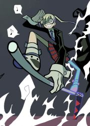 Rule 34 | 1girl, black jacket, blonde hair, collared shirt, denaseey, eighth note, gloves, grey background, highres, jacket, long hair, long sleeves, maka albarn, musical note, plaid, plaid skirt, pleated skirt, quarter note, red skirt, scythe, shirt, skirt, solo, soul eater, soul evans, speech bubble, spoken musical note, twintails, uneven eyes, white shirt, yellow eyes