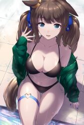 Rule 34 | 1girl, absurdres, animal ears, bikini, black bikini, blue eyes, breasts, brown hair, cleavage, collarbone, commentary request, green jacket, hair ribbon, hand up, highres, horse ears, horse girl, horse tail, jacket, large breasts, long hair, looking at viewer, multicolored nails, navel, off shoulder, open mouth, outdoors, pool, ribbon, saikuu, sidelocks, sitting, smile, solo, stomach, swimsuit, tail, thigh strap, tosen jordan (umamusume), twintails, umamusume