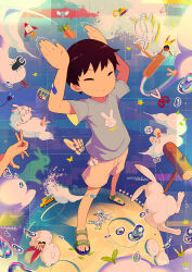 Rule 34 | 1boy, animal ears, child, chinese zodiac, closed eyes, closed mouth, commentary, commentary request, english text, full body, happy new year, male focus, new year, noeyebrow (mauve), original, peace symbol, rabbit, rabbit ears, rabbit pose, rabbit shadow puppet, sandals, scenery, solo, standing, v, year of the rabbit