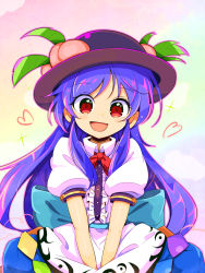 Rule 34 | 1girl, black hat, blouse, blue bow, blue hair, blue skirt, bow, buttons, dress shirt, food, frills, fruit, gradient background, harakune (mugennero), hat, hat ornament, heart, highres, hinanawi tenshi, leaf, long hair, looking at viewer, open mouth, peach, puffy short sleeves, puffy sleeves, red bow, red eyes, red neckwear, shirt, short sleeves, sidelocks, skirt, smile, solo, sparkle, touhou, white shirt
