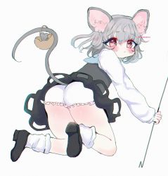 Rule 34 | 1girl, :/, animal ear fluff, animal ears, ass, black dress, bloomers, blue capelet, blush, capelet, dowsing rod, dress, from behind, full body, grey hair, highres, holding rod, kneeling, mouse (animal), mouse ears, mouse tail, nazrin, pink eyes, renakobonb, simple background, solo, tail, thighs, touhou, underwear, upskirt, white background
