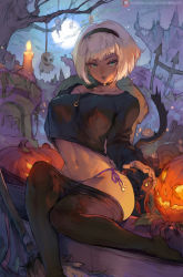 Rule 34 | 1girl, animal, black cat, black fur, black pantyhose, black shirt, blonde hair, breasts, broom, candle, cat, choker, clothes pull, collarbone, crescent, cutesexyrobutts, fire, full moon, green eyes, hairband, halloween, hand on own chest, headpat, highres, jack-o&#039;-lantern, jewelry, large breasts, long sleeves, looking at viewer, midriff, moon, navel, necklace, one eye closed, panties, pantyhose, pantyhose pull, pumpkin, purple panties, sabrina spellman, sabrina the teenage witch, salem (sabrina the teenage witch), see-through, shirt, short hair, side-tie panties, sitting, smile, star (sky), star (symbol), thighs, tombstone, underwear, watermark, web address, witch