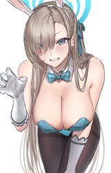 Rule 34 | 1girl, animal costume, asuna (blue archive), black pantyhose, blue archive, blue eyes, blush, bow, bowtie, breasts, claw pose, cleavage, detached collar, gloves, grin, halo, highres, large breasts, leotard, light brown hair, long hair, looking at viewer, mole, mole on breast, monegi, pantyhose, playboy bunny, rabbit ears, simple background, smile, thighs, white background, white gloves