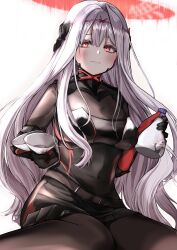 Rule 34 | 1girl, absurdres, armor, black armor, black bodysuit, bodysuit, breasts, cup, goddess of victory: nikke, grey hair, halo, headgear, high heels, highres, holding, holding cup, long hair, looking at viewer, medium breasts, reaching, reaching towards viewer, rose (nikke), shio butter (obscurityonline), shoulder armor, simple background, sitting, solo, white background