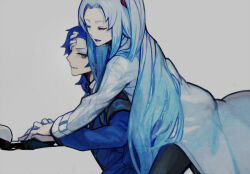 Rule 34 | 1boy, 1girl, angela (project moon), armband, black pants, blue hair, blue jacket, chesed (project moon), closed eyes, commentary request, grey background, hug, hug from behind, jacket, lab coat, light blue hair, lobotomy corporation, long hair, long sleeves, nishikujic, open mouth, pants, project moon, shirt, short hair, side ponytail, simple background, smile, white shirt, yellow eyes