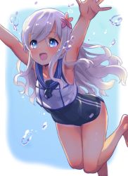 Rule 34 | 10s, 1girl, :d, armpits, arms up, bare legs, barefoot, blue eyes, blush, bubble, crop top, flower, hair flower, hair ornament, kantai collection, long hair, one-piece swimsuit, one-piece tan, open mouth, ro-500 (kancolle), sailor collar, school swimsuit, smile, solo, swimsuit, swimsuit under clothes, tan, tanline, tetsujin momoko, underwater, white hair