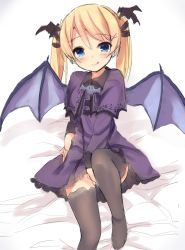 Rule 34 | 1girl, :q, black thighhighs, blonde hair, blue eyes, blush, capelet, casper (deathsmiles), covering privates, covering crotch, deathsmiles, demon wings, dress, enjin-san (ekon), head wings, leg up, long hair, looking at viewer, mokoke, no shoes, purple dress, sitting, smile, solo, thighhighs, tongue, tongue out, twintails, wings