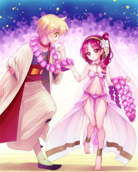 Rule 34 | 1boy, 1girl, ali baba saluja, ankle cuffs, anklet, bad id, bad pixiv id, barefoot, blonde hair, blush, dress, flower, flower necklace, hair flower, hair ornament, jewelry, lei, magi the labyrinth of magic, minami (apricot tea), morgiana, navel, necklace, red hair, yellow eyes