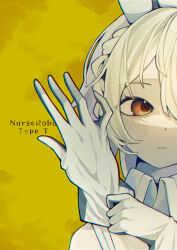 Rule 34 | 1girl, absurdres, amagishiki, blonde hair, braid, brown eyes, character name, chromatic aberration, closed mouth, collared shirt, commentary, expressionless, glove pull, gloves, grey gloves, hands up, highres, looking to the side, nurse robot type t, shirt, short hair, side braid, simple background, sleeveless, sleeveless shirt, solo, split crop, symbol-only commentary, two-tone gloves, utau, voicevox, wavy mouth, white gloves, yellow background