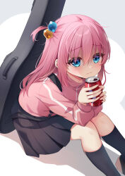 Rule 34 | 1girl, absurdres, black skirt, black socks, blue eyes, blush, bocchi the rock!, can, coca-cola, commentary, cube hair ornament, drink can, expressionless, feet out of frame, from above, gotoh hitori, guitar case, hair between eyes, hair ornament, highres, holding, holding can, ikazu401, instrument case, jacket, knees up, long hair, long sleeves, looking at viewer, one side up, pink hair, pink track suit, pleated skirt, simple background, sitting, skirt, socks, soda can, solo, white background