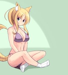 Rule 34 | 1girl, animal ears, bikini, blonde hair, boa (brianoa), breasts, cleavage, closed mouth, dog days, fox ears, green eyes, halterneck, highres, indian style, large breasts, long hair, looking at viewer, navel, ponytail, side-tie bikini bottom, sitting, smile, socks, solo, swimsuit, tail, white socks, yukikaze panettone