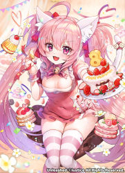Rule 34 | 1girl, :d, animal ear fluff, animal ears, anniversary, apple caramel, bell, breasts, cake, cleavage, copyright name, covered navel, cupcake, fang, food, fruit, hair ribbon, jingle bell, open mouth, pink eyes, pink hair, red ribbon, ribbon, small breasts, smile, strawberry, string of flags, striped clothes, striped thighhighs, tail, thighhighs, twintails, unleashed, watermark