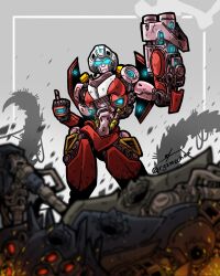 1girl arcee assault_visor bullet_hole gun helmet highres humanoid_robot metal_skin middle_finger piston robot robot_girl ryzmechaa science_fiction smoke smoking_barrel transformers transformers:_rise_of_the_beasts transformers_(live_action) weapon