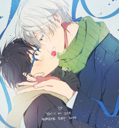 Rule 34 | 10s, 2017, 2boys, bad id, bad pixiv id, black gloves, black hair, blue eyes, blush, brown eyes, candy, copyright name, eunram, eye contact, food, glasses, gloves, katsuki yuuri, looking at another, male focus, multiple boys, open mouth, scarf, shared food, silver hair, smile, viktor nikiforov, white day, yaoi, yuri!!! on ice