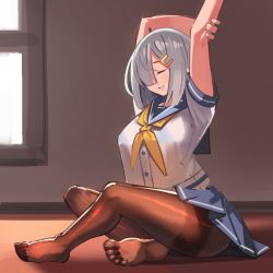 Rule 34 | 1girl, arms up, blue sailor collar, blue skirt, blush, breasts, brown pantyhose, closed eyes, closed mouth, feet, grey hair, hair over one eye, hamakaze (kancolle), indoors, kantai collection, large breasts, neckerchief, pantyhose, pleated skirt, sailor collar, short hair, short sleeves, simplecar, sitting, skirt, solo, stretching, window, yellow neckerchief