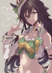 Rule 34 | 1girl, animal ears, arm belt, breasts, brown hair, choker, collarbone, commentary request, cowboy shot, cropped jacket, green eyes, green shirt, hair between eyes, hair ornament, hairclip, hand up, hat, highres, horse ears, horse girl, jacket, long hair, long sleeves, looking at viewer, medium breasts, midriff, mini hat, mini top hat, mr. c.b. (umamusume), navel, open clothes, open jacket, pants, parted lips, ri cochet, shirt, sidelocks, simple background, single bare shoulder, single sleeve, smile, solo, standing, strapless, strapless shirt, top hat, umamusume, white pants, wrist cuffs, yellow choker