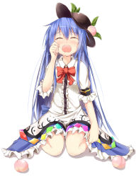 Rule 34 | 1girl, blue hair, blush, closed eyes, crying, efe, food, fruit, hand on own face, hat, hinanawi tenshi, long hair, open mouth, peach, revision, shirt, simple background, sitting, skirt, solo, tears, touhou, wariza, white background