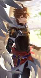 Rule 34 | 1boy, armor, brown hair, feathered wings, fingerless gloves, gloves, granblue fantasy, hood, male focus, mmytwi, multiple wings, open mouth, red eyes, sandalphon (granblue fantasy), seraph, short hair, smile, wings