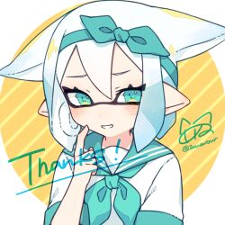 Rule 34 | 1girl, aqua eyes, aqua hairband, border, commentary request, commission, hairband, inkling, inkling girl, inkling player character, inuowour, medium hair, nintendo, pointy ears, sailor collar, sailor shirt, school uniform, shirt, signature, solo, splatoon (series), tentacle hair, thank you, upper body, white border, yellow background