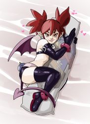 Rule 34 | 1girl, ass, blush, body pillow, boots, demon tail, demon wings, disgaea, elbow gloves, etna (disgaea), gloves, highres, miniskirt, penelope and me, pillow, pointy ears, prinny, red eyes, red hair, skirt, smile, solo, tail, thigh boots, thighhighs, twintails, wings