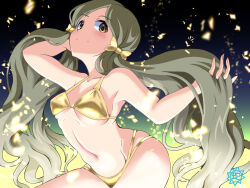 Rule 34 | 1girl, absurdres, bikini, breasts, brown eyes, commentary request, cowboy shot, gold bikini, gradient background, grey hair, groin, handa roco, highres, idolmaster, idolmaster million live!, looking at viewer, low twintails, small breasts, smile, snakiestlion, solo, swimsuit, twintails