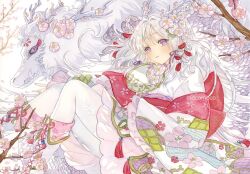 Rule 34 | 1girl, animal, artist name, branch, cherry blossom print, cherry blossoms, closed mouth, floral print, flower, hair flower, hair ornament, hair ribbon, hand fan, highres, holding, holding fan, japanese clothes, kimono, knees up, long hair, looking at viewer, mocomoco es, obi, original, pantyhose, paper fan, parted lips, purple eyes, purple ribbon, red sash, ribbon, sash, sidelocks, sitting, solo, tassel, white background, white flower, white hair, white kimono, white pantyhose, wolf