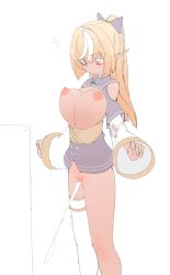 Rule 34 | 1girl, amekko, blonde hair, bottomless, breasts, dark-skinned female, dark skin, elf, highres, hololive, large breasts, nipples, peeing, pointy ears, red eyes, shiranui flare, solo, standing, toilet use, urinal, urinal use, virtual youtuber