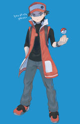 Rule 34 | 1boy, amaya uw, black shirt, blue background, bright pupils, closed mouth, coat, commentary request, creatures (company), full body, game freak, grey eyes, grey pants, hat, highres, male focus, nintendo, open clothes, open coat, pants, poke ball, poke ball (basic), pokemon, pokemon masters ex, red (pokemon), red (sygna suit) (pokemon), red coat, red hat, shirt, shoes, short hair, simple background, sleeveless, sleeveless coat, sleeves past elbows, solo, translation request, white pupils