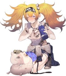 Rule 34 | 1girl, akira (kadokawa), blonde hair, blue eyes, breasts, enemy lifebuoy (kancolle), full body, gambier bay (kancolle), hair ornament, hairband, kantai collection, large breasts, official art, porcupine, shirt, shoes, shorts, sneakers, solo, torn clothes, transparent background, twintails
