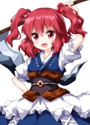 Rule 34 | 1girl, arm up, blue dress, brown sash, coin, cowboy shot, dress, female focus, hair between eyes, hair bobbles, hair ornament, hand on own hip, highres, holding, holding scythe, holding weapon, looking at viewer, matching hair/eyes, medium hair, obi, onozuka komachi, open mouth, red eyes, red hair, ruu (tksymkw), sash, scythe, short sleeves, simple background, smile, solo, standing, touhou, twintails, two side up, weapon, white background