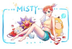 Rule 34 | 1girl, bad id, bad pixiv id, bare shoulders, barefoot, blue eyes, blush, breasts, character name, cleavage, closed mouth, creatures (company), game freak, gen 1 pokemon, gen 2 pokemon, horsea, looking at viewer, medium breasts, midriff, misty (pokemon), navel, nintendo, orange hair, ozzingo, poke ball, poke ball (basic), pokemon, pokemon (anime), pokemon (classic anime), pokemon (creature), psyduck, short hair, sitting, smile, starmie, togepi