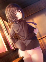Rule 34 | 1girl, absurdres, ass, blush, bottomless, breasts, brown hair, brown shirt, chalkboard, classroom, closed mouth, commentary request, cowboy shot, desk, dutch angle, evening, from behind, highres, indoors, lens flare, light rays, liya, long sleeves, looking at viewer, looking back, medium breasts, necktie, open clothes, open shirt, original, purple necktie, red eyes, school desk, shirt, sideboob, solo, sunbeam, sunlight, thighs, undressing, window