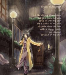 Rule 34 | 1girl, alternate costume, black hair, carrying, closed umbrella, contemporary, door, english text, formal, grass, hat, highres, houraisan kaguya, kicking, lamppost, long hair, looking at viewer, lyrics, outstretched arm, pant suit, pants, parody, planter, pocket watch, rain, raincoat, sheeg, shoulder carry, sidewalk, grey eyes, singin&#039; in the rain, smile, solo, suit, touhou, umbrella, very long hair, waistcoat, watch, wet, wet clothes
