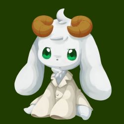 Rule 34 | ahoge, animal focus, bottomless, buttons, character request, closed mouth, collared shirt, full body, green background, green eyes, handymonsters, horns, kagehito (hitokage22), no humans, sheep horns, shirt, simple background, sitting, sleeves past fingers, sleeves past wrists, solo, spread legs, swept bangs, white shirt