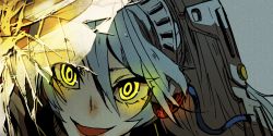 Rule 34 | 1girl, android, aqua hair, atlus, broken glass, close-up, dark persona, evil smile, glass, glowing, glowing eyes, labrys (persona), megami tensei, persona, persona 4, persona 4: the ultimate in mayonaka arena, senbee, shadow (persona), shadow labrys, shin megami tensei, smile, solo, yellow eyes