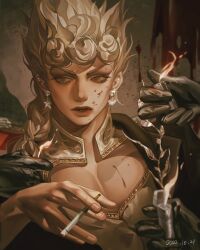 Rule 34 | 1boy, 3others, black gloves, blonde hair, blood, blood on face, braid, cigarette, dated, earrings, giorno giovanna, gloves, heart, highres, holding, holding cigarette, holding lighter, jewelry, jojo no kimyou na bouken, lighter, long hair, looking to the side, male focus, mismatched earrings, multiple others, parted lips, pectorals, qvlv kuzi feichuan, single braid, solo focus, star (symbol), the godfather, vento aureo