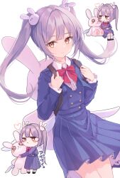 Rule 34 | 1girl, animal bag, backpack, bag, buttons, chibi, closed mouth, collared shirt, hair ornament, heart, holding strap, long hair, long sleeves, miyanome, neckerchief, original, pleated skirt, purple hair, rabbit hair ornament, red neckerchief, school uniform, shirt, sidelocks, simple background, skirt, stuffed animal, stuffed rabbit, stuffed toy, twintails, white background, yellow eyes