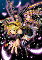 Rule 34 | 1girl, alternate costume, arm belt, bad id, bad pixiv id, bare shoulders, belt, belt buckle, black dress, black nails, black wings, blonde hair, blue eyes, boots, buckle, choker, city lights, dress, fang, feathers, flying, glowing, glowing feather, graphite (medium), hair ornament, hairband, hairclip, headphones, high heel boots, high heels, i-la, jewelry, kagamine rin, key, keyring, knee boots, leg belt, mechanical wings, mechanical wings exposed, midair, mixed media, nail art, nail polish, night, open mouth, outline, outstretched hand, ring, skull hair ornament, solo, striped clothes, striped thighhighs, thigh strap, thighhighs, traditional media, vocaloid, wings, zettai ryouiki