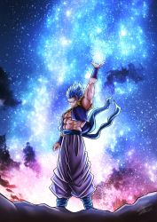 Rule 34 | 1boy, abs, armpits, artist name, baggy pants, belt, biceps, blue eyes, blue hair, cloud, cloudy sky, dragon ball, dragon ball super, feet out of frame, highres, jacket, light, light rays, looking at viewer, male focus, manly, mature male, muscular, muscular male, n k0918, pants, pectorals, short hair, short sleeves, signature, sky, solo, spiked hair, star (sky), starry sky, thick arms, wristband