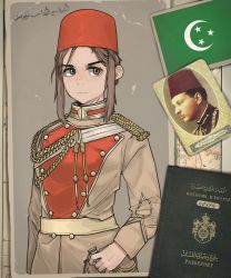 Rule 34 | 1boy, 1girl, brown eyes, brown hair, closed mouth, expressionless, fez hat, hearts of iron, highres, holding, holding sword, holding weapon, kaiserreich, long sleeves, looking at viewer, military, original, photo (object), pzkpfwi, red headwear, short hair, short hair with long locks, sidelocks, sword, weapon