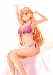 Rule 34 | 1girl, ahoge, arm up, armpits, blonde hair, blush, bra, breasts, cleavage, closed mouth, collarbone, commentary request, curtains, ex idol, feet out of frame, hand up, highres, lace, lace-trimmed bra, lace-trimmed panties, lace trim, long hair, medium breasts, navel, nijisanji, on bed, one eye closed, panties, pink bra, pink panties, red eyes, side-tie panties, sitting, solo, stretching, takamiya rion, underwear, underwear only, virtual youtuber