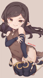 Rule 34 | 1girl, arm under breasts, arulumaya, bare shoulders, black hair, black thighhighs, boots, breasts, brown background, brown dress, brown eyes, cleavage cutout, clothing cutout, commentary, covered erect nipples, detached sleeves, dress, foot out of frame, granblue fantasy, hand on own thigh, harvin, highres, jingai modoki, kneeling, light blush, long hair, long sleeves, looking at viewer, mole, mole under eye, pointy ears, short dress, side slit, simple background, small breasts, smile, solo, thighhighs, thighs, twitter username