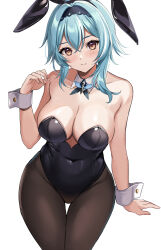 Rule 34 | 1girl, alternate costume, animal ears, bare arms, bare shoulders, black hairband, black leotard, black pantyhose, blue hair, blush, breasts, cleavage, closed mouth, commentary, detached collar, eula (genshin impact), fake animal ears, genshin impact, hairband, harimoji, highres, large breasts, leotard, medium hair, pantyhose, playboy bunny, rabbit ears, sidelocks, simple background, smile, thigh gap, thighs, white background, wrist cuffs, yellow eyes