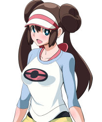 Rule 34 | 10s, 1girl, :d, blue eyes, blush, breasts, bright pupils, brown hair, collarbone, creatures (company), double bun, game freak, hair bun, long hair, looking at viewer, nintendo, open mouth, pantyhose, pokemon, pokemon bw2, rosa (pokemon), simple background, smile, solo, tedain, twintails, visor cap, white background