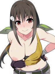Rule 34 | 1girl, aged up, bandaid, bandaid on arm, bare shoulders, belt, black gloves, blush, breasts, breasts out, brown eyes, cleavage, clothes pull, collarbone, fingerless gloves, gloves, green ribbon, hachikuji mayoi, hair ribbon, kabukimonogatari, kuro mushi, large breasts, leaning forward, looking at viewer, low ponytail, midriff, monogatari (series), nipples, one breast out, ribbon, shirt pull, simple background, smile, solo, tank top, thick eyebrows, upper body, white background