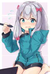 Rule 34 | 1girl, absurdres, bad id, bad pixiv id, barefoot, blue hair, blue jacket, blush, bow, collarbone, commentary request, drawing tablet, eromanga sensei, fang, flying sweatdrops, hair between eyes, hair bow, hands up, highres, holding, holding stylus, izumi sagiri, j young, jacket, long hair, long sleeves, looking at viewer, nose blush, open mouth, silver hair, sitting, sleeves past wrists, solo, stylus, track jacket, v-shaped eyebrows, very long hair, wariza