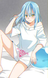 Rule 34 | 1other, bare legs, bed sheet, blouse, blue hair, blush, closed mouth, collarbone, colored eyelashes, grey background, hair between eyes, highres, long hair, looking at viewer, off-shoulder shirt, off shoulder, rimuru tempest, shirt, shoura, sitting, solo, straight hair, tensei shitara slime datta ken, white shirt, yellow eyes